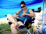 Steph practices hemp tying and makes a really nice bracelet in about 20 minutes on her first try...